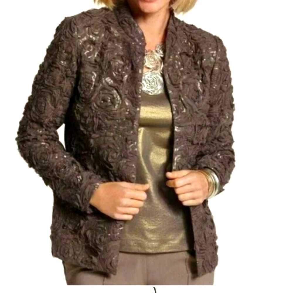 Chicos Womens Size 1 Brown Sequin Long Sleeve Lined Open Blazer Jacket J1
